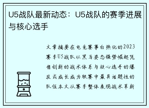 U5战队最新动态：U5战队的赛季进展与核心选手