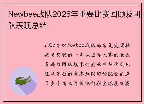 Newbee战队2025年重要比赛回顾及团队表现总结